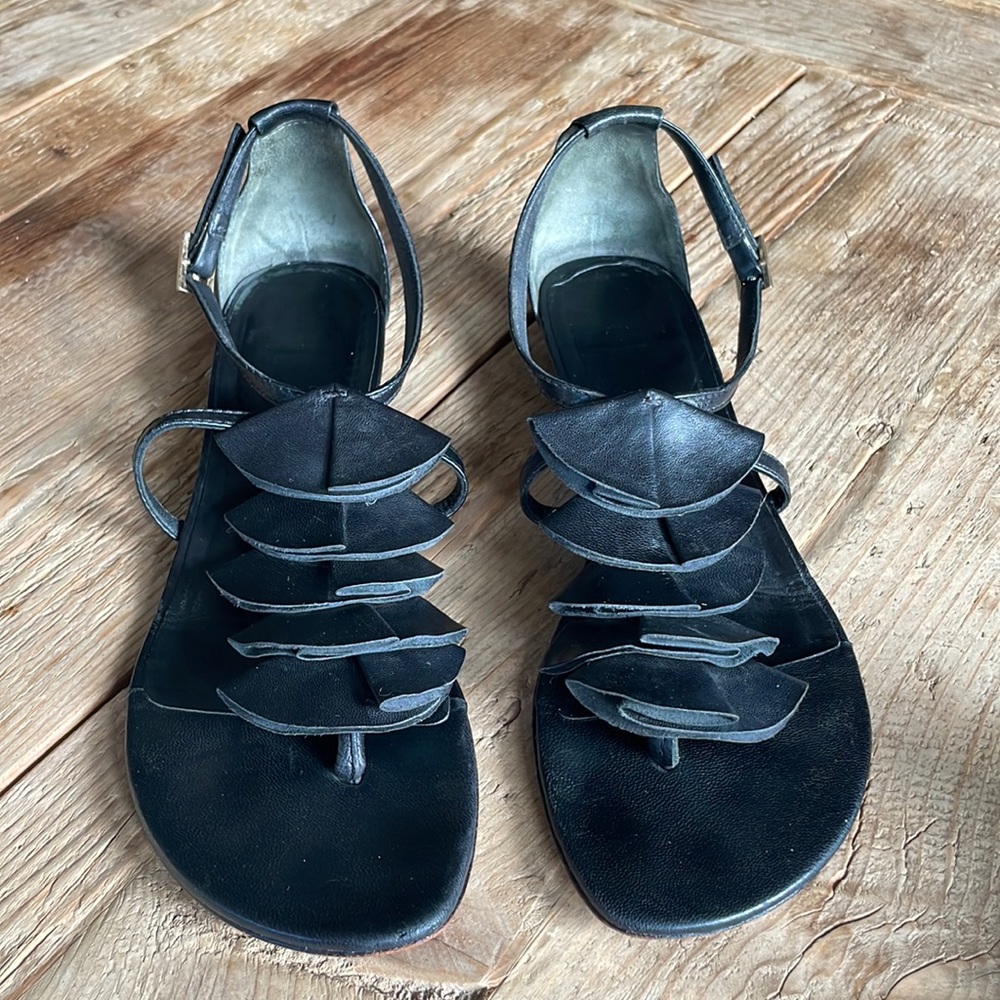 Loeffler Randall black leather sandals with leather ruffle detail. Size 7.5